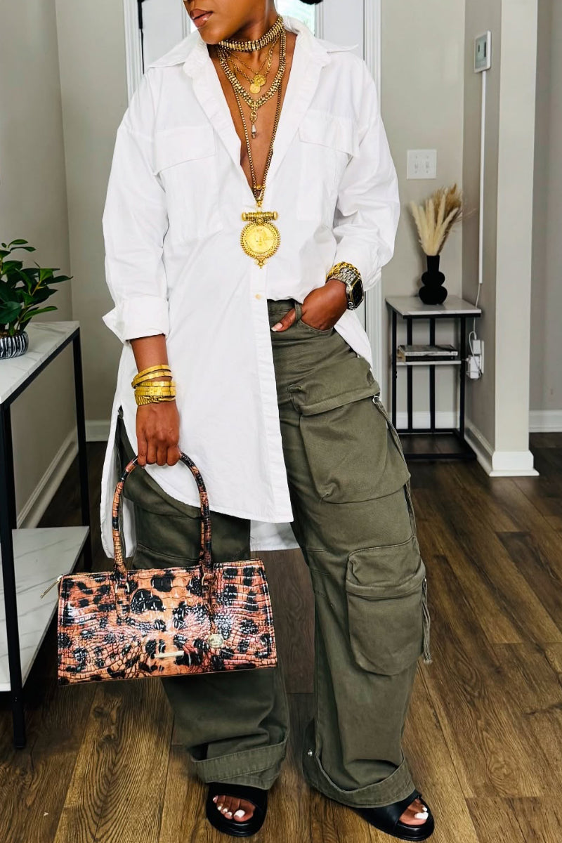 Oversized White Shirt & Cargo Pants Two‑Piece Outfit