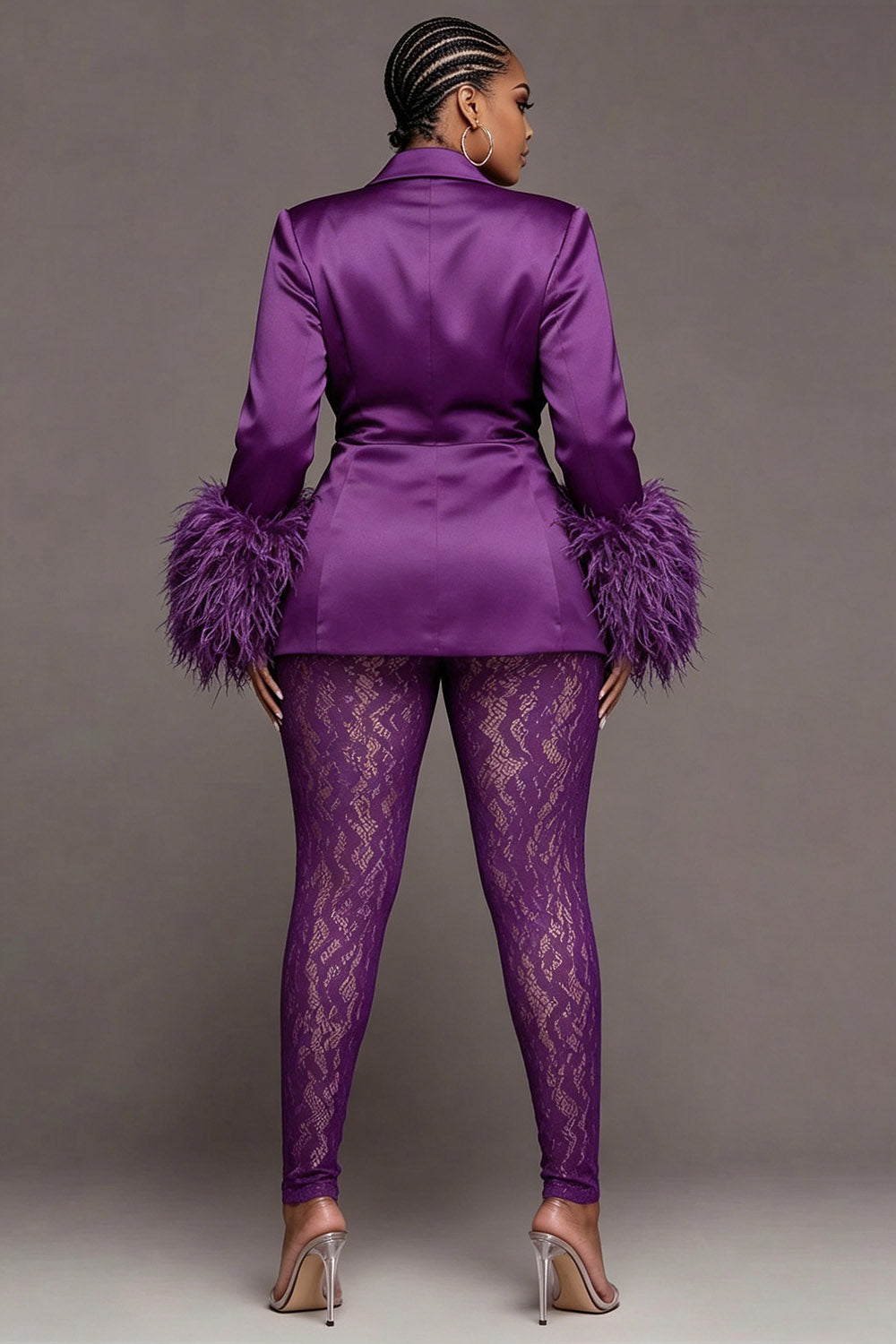 Mardi Gras Lace Purple Lapel Collar Long Sleeve Feather See Through Satin Two Piece Pant Suits