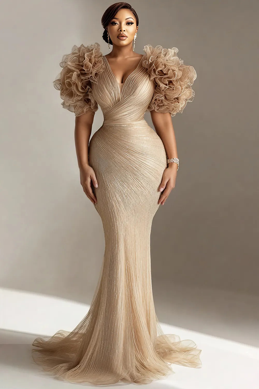 Mother Of The Bride Champagne V Neck Bodycon 3D Tulle Maxi Dresses