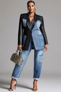 Xpluswear Design Plus Size Business Casual Blue Lapel Collar Long Sleeve Contrast Casual Cargo Denim PU Leather Two Piece Pant Suits