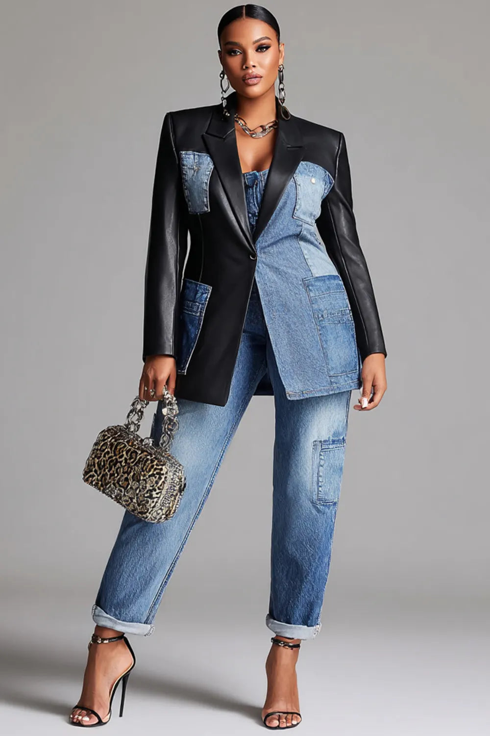 Xpluswear Design Plus Size Business Casual Blue Lapel Collar Long Sleeve Contrast Casual Cargo Denim PU Leather Two Piece Pant Suits