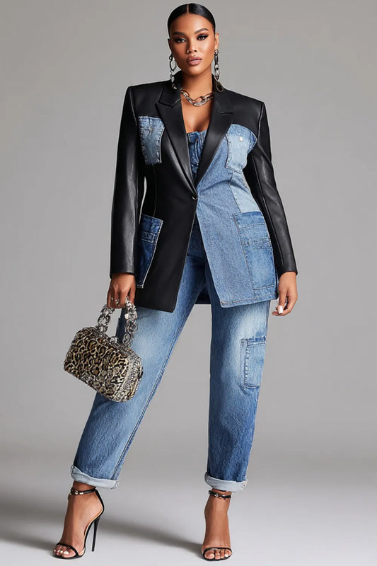 Business Casual Blue Lapel Collar Long Sleeve Contrast Casual Cargo Denim PU Leather Two Piece Pant Suits
