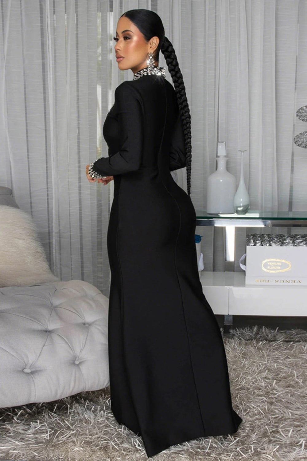 Mock Neck Long Sleeve Crystal Mesh Patchwork Slit Gowns Maxi Dresses-Black