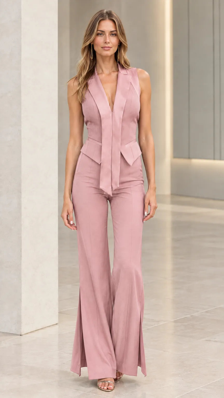 Sleeveless Satin Lapel Vest and Slit Flare Pants Two-Piece Set