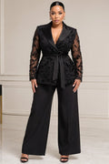 Lace Black Lapel Collar Long Sleeve Wrap See Through Satin Two Piece Pant Suits [Pre-Order]
