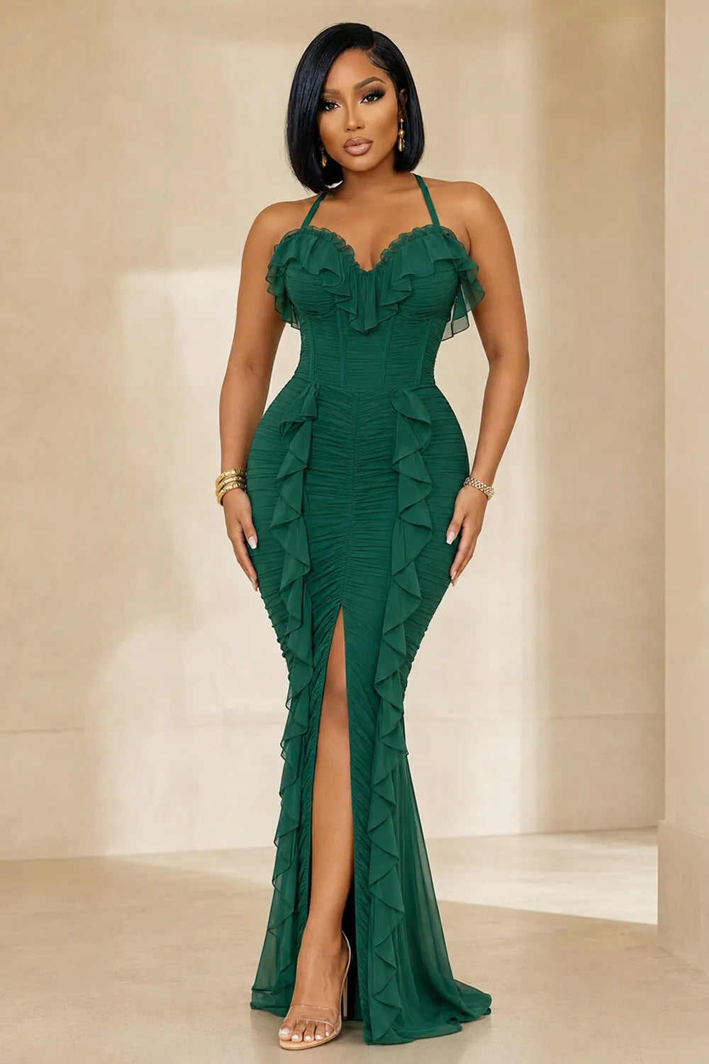 Halter Neck Ruffle Trim Ruched Front Slit Slim Maxi Dresses-Green [Pre Order]
