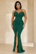 Halter Neck Ruffle Trim Ruched Front Slit Slim Maxi Dresses-Green [Pre Order]