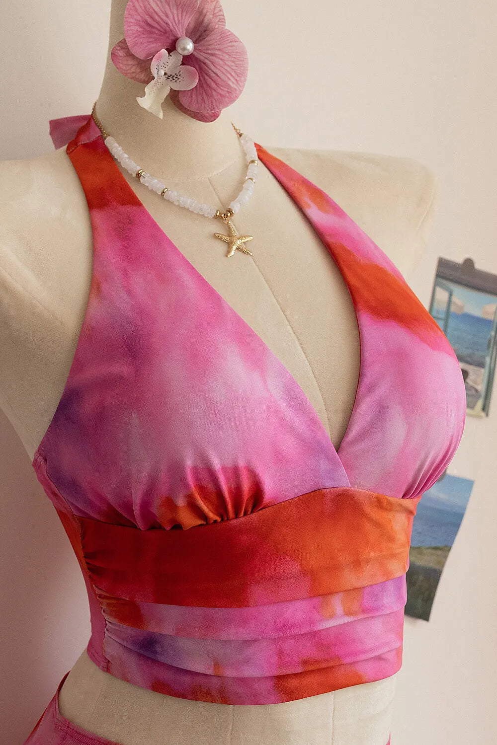 Halter Top Ruffle Trim Asymmetrical Maxi Skirt Bikini Swimsuit 3pcs Set-Red