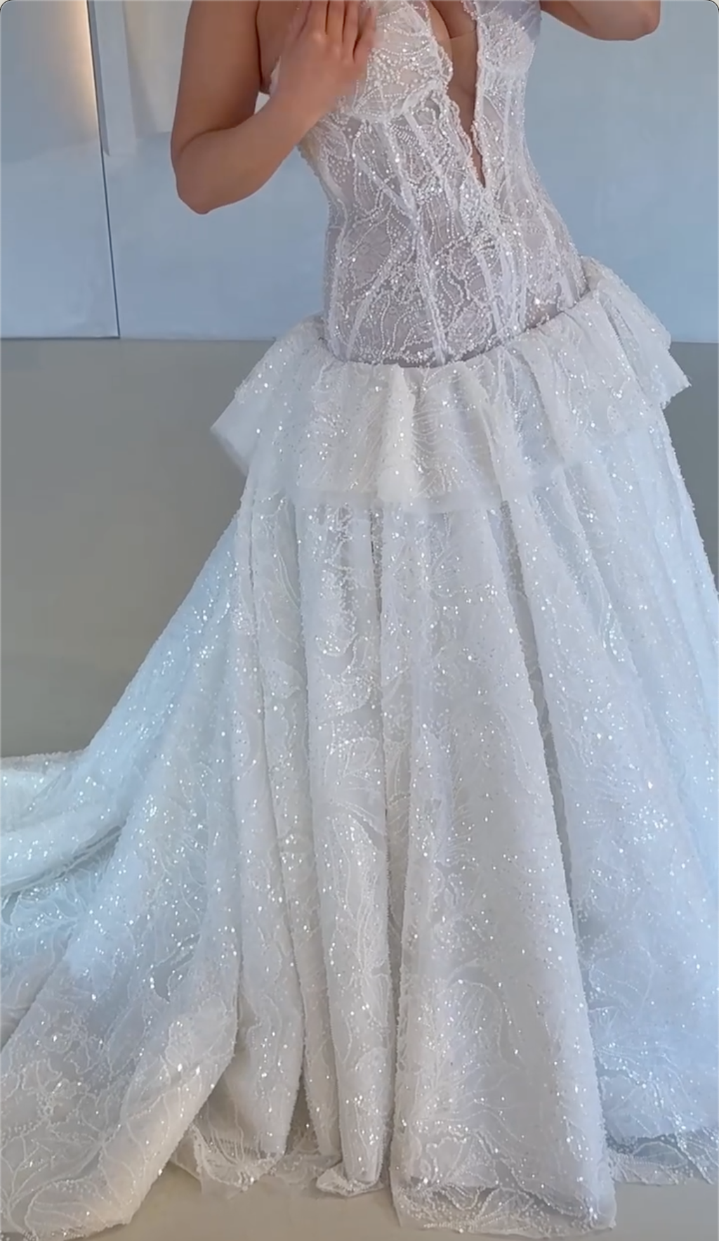 White Sparkly Beaded Ball Gown Wedding Dress, Deep V Neck Corset Bridal Gown with Ruffled Tiered Skirt & Train
