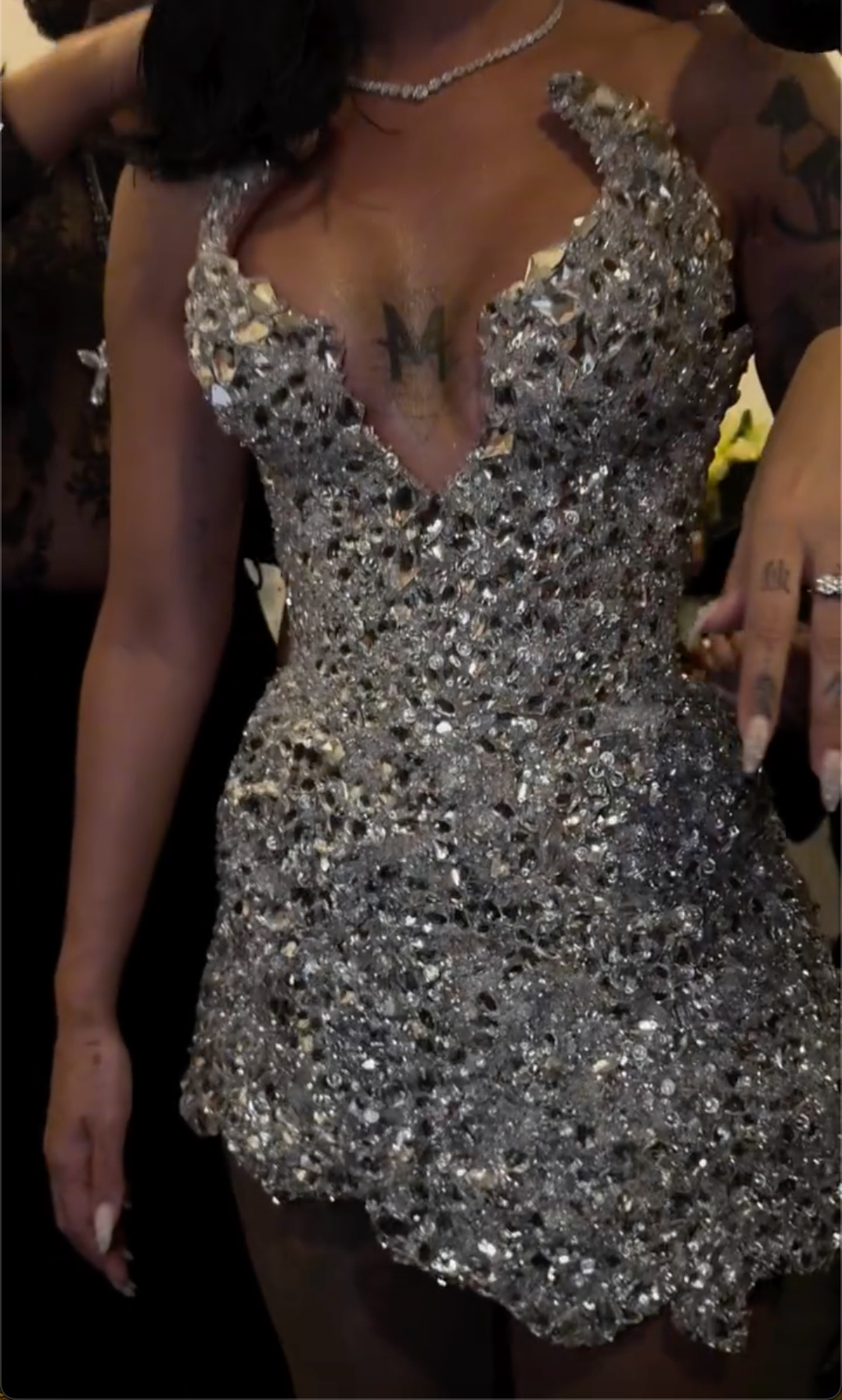 Silver Crystal Embellished Halter Mini Dress with Deep V-Neck