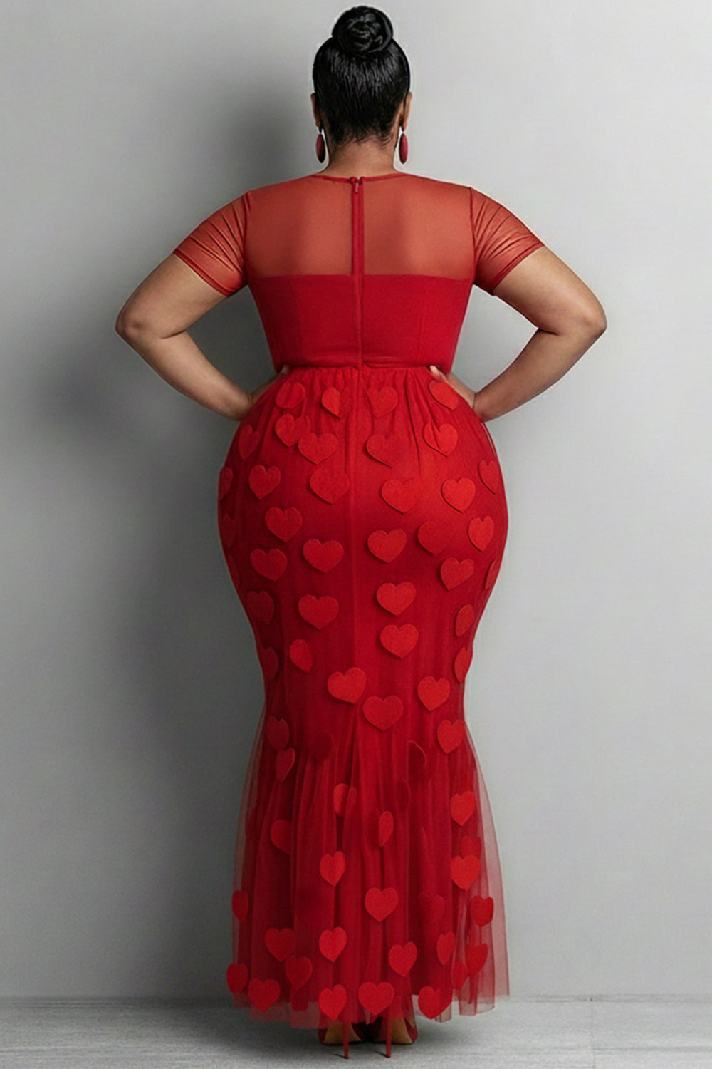 Valentines Red Graphic Round Neck Short Sleeve See Through Mermaid Tulle Maxi Dresses