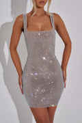 Square Neck Backless Shimmering Hot Drilling Sleeveless Mini Dresses-Silver