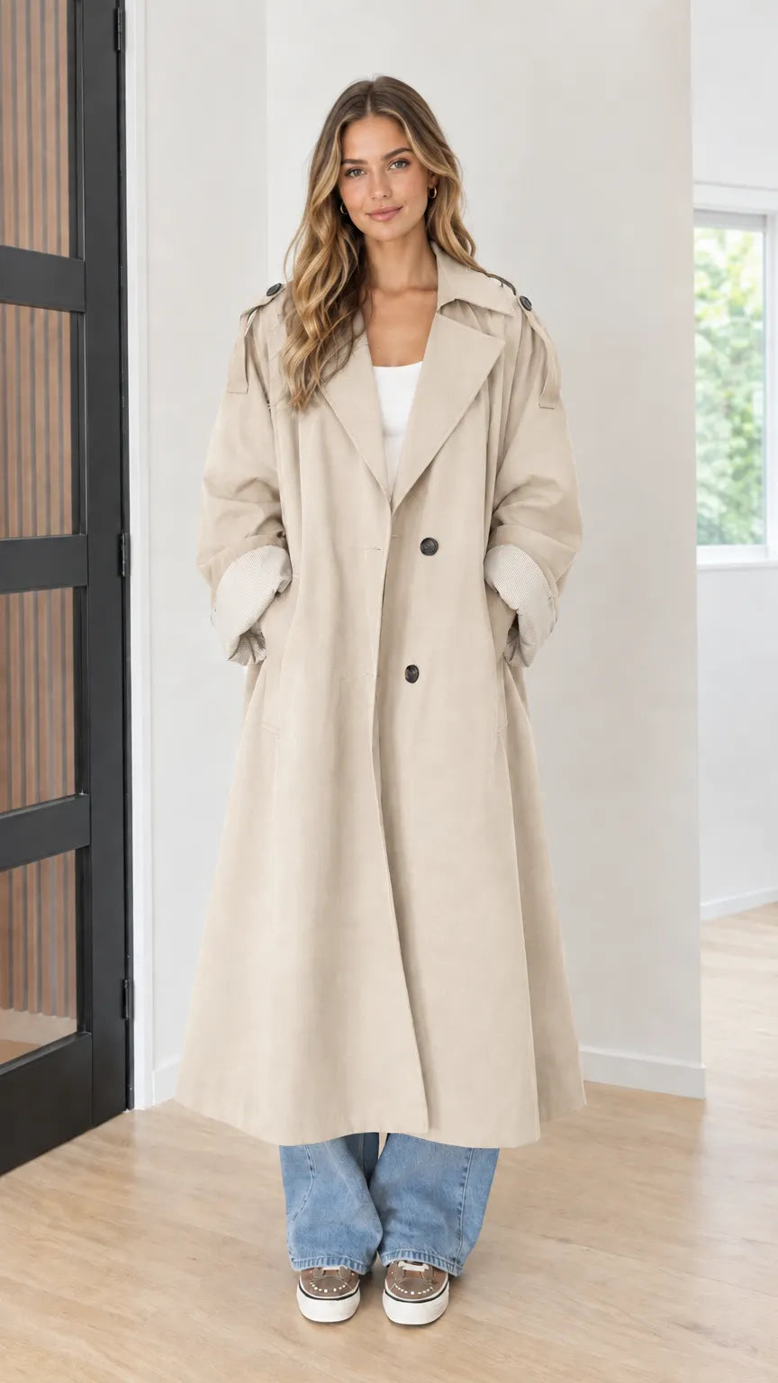 Women's Oversized Maxi Trench Coat with Contrast Ribbed Cuffs