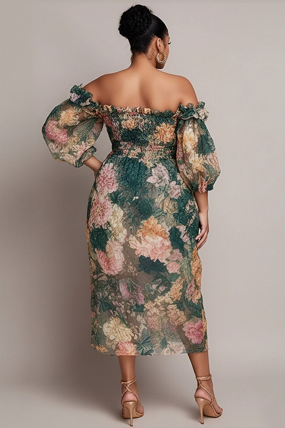 Wedding Guest Green Floral Off The Shoulder Short Sleeve Smocking Chiffon Midi Dresses