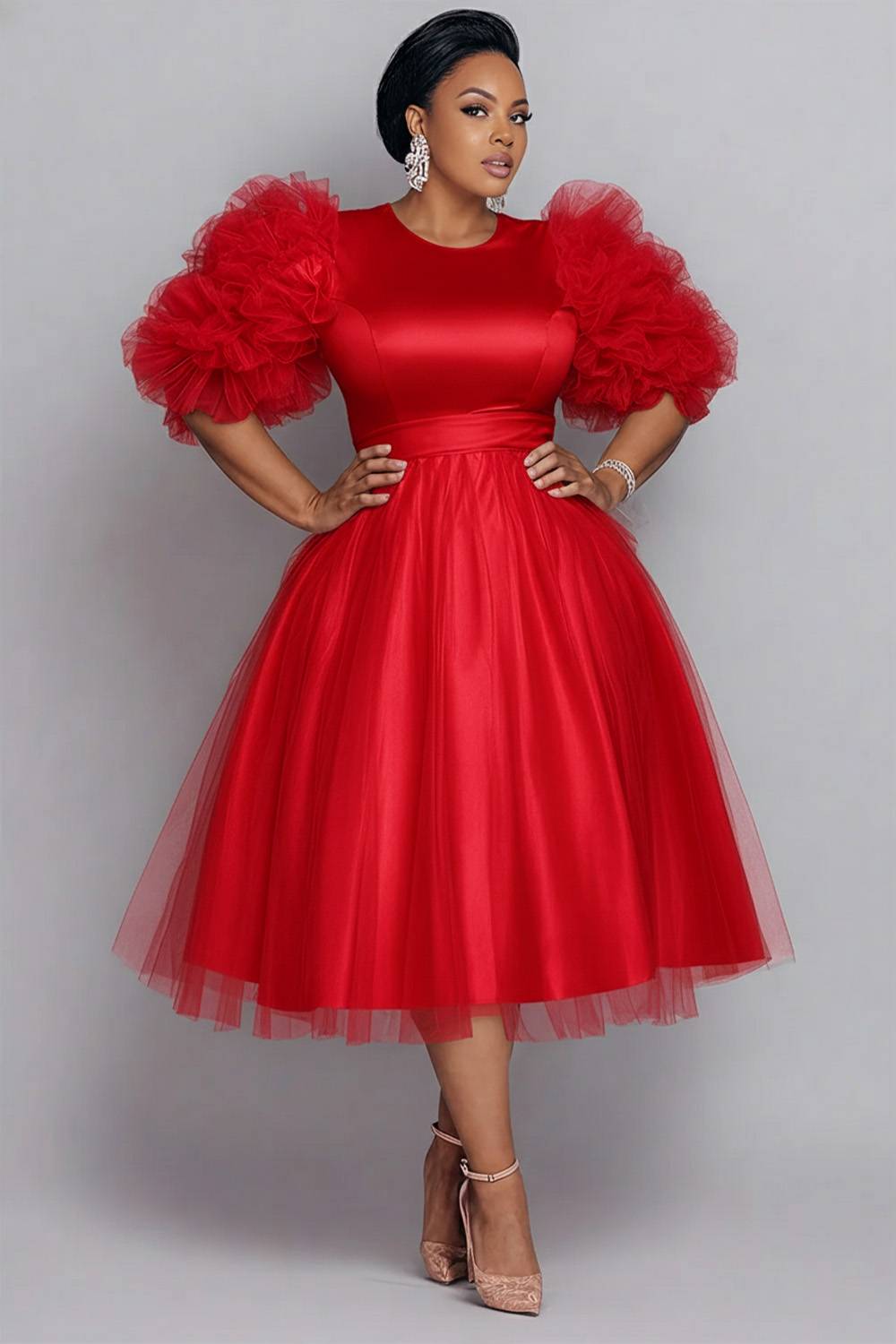 Tulle Pink Round Neck Long Sleeve Contrast Elegant 3D Satin Midi Dresses