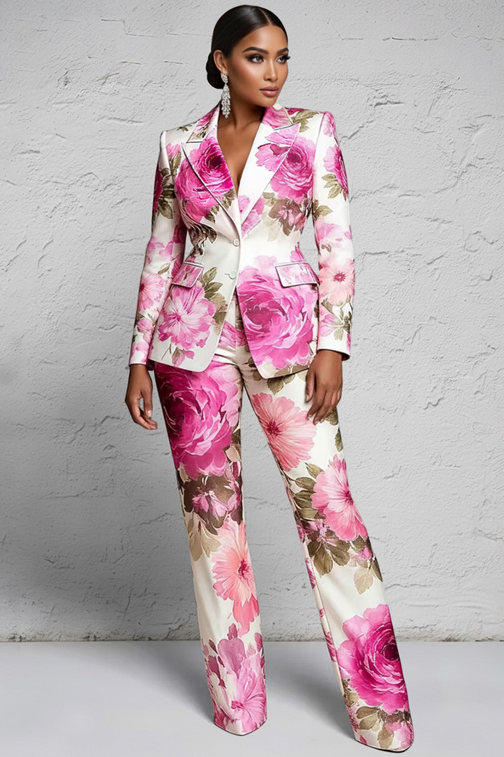 Pink Floral Lapel Collar Long Sleeve Pocket Two Piece Pant Suits