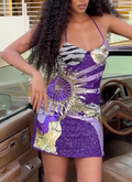 Purple Sunburst Sequin Mini Dress with Zebra Print & Crystal Embellishment