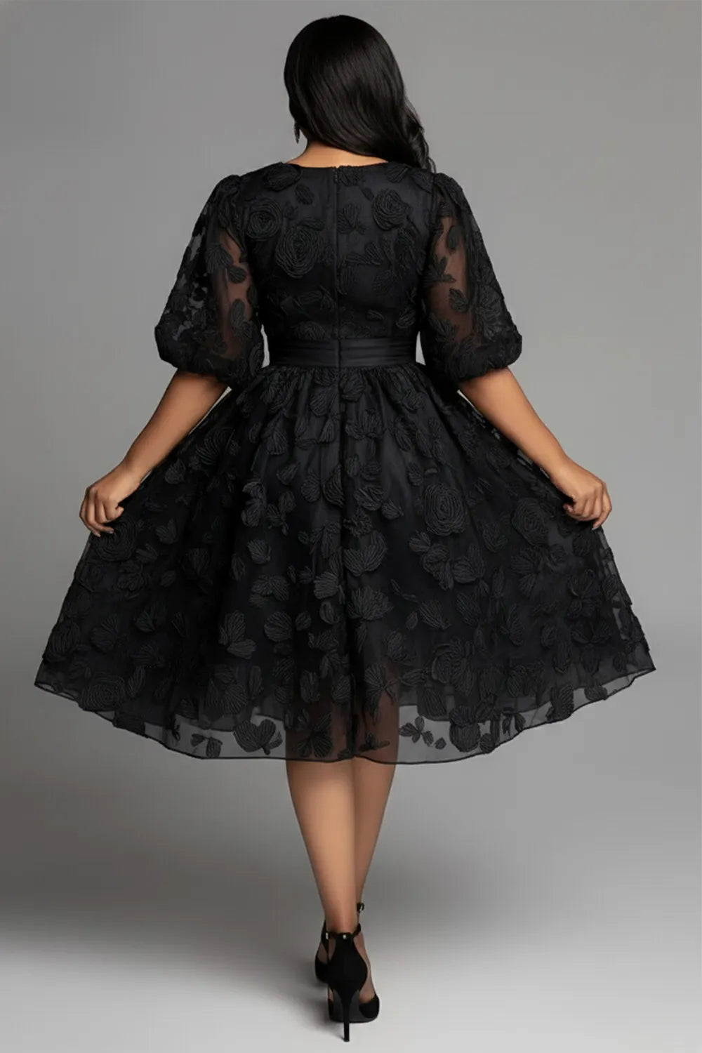 Cocktail Party Black Round Neck Short Sleeve Pocket See Through Lace Midi Dresses
