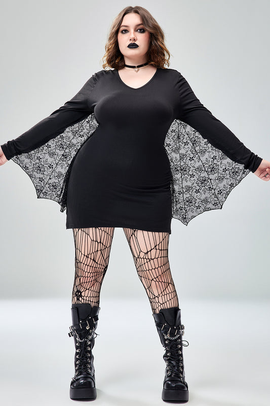 Casual Halloween Costume Gothic Black Bat V-Neck Long Sleeve Knitted Mini Dress(Ships 24h)