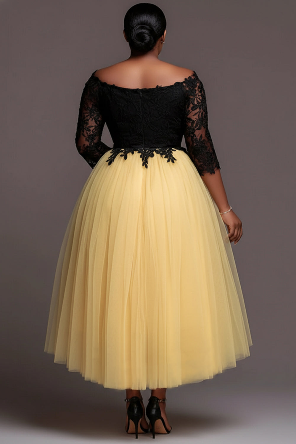 Cocktail Party Lace Yellow Colorblock Round Neck 3/4 Sleeve High Low Hem Tulle Midi Dresses