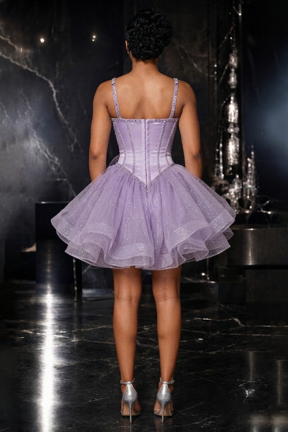 Spaghetti Strap Rhinestone Corset 3D Floral Mini Dresses-Purple [Pre Order]