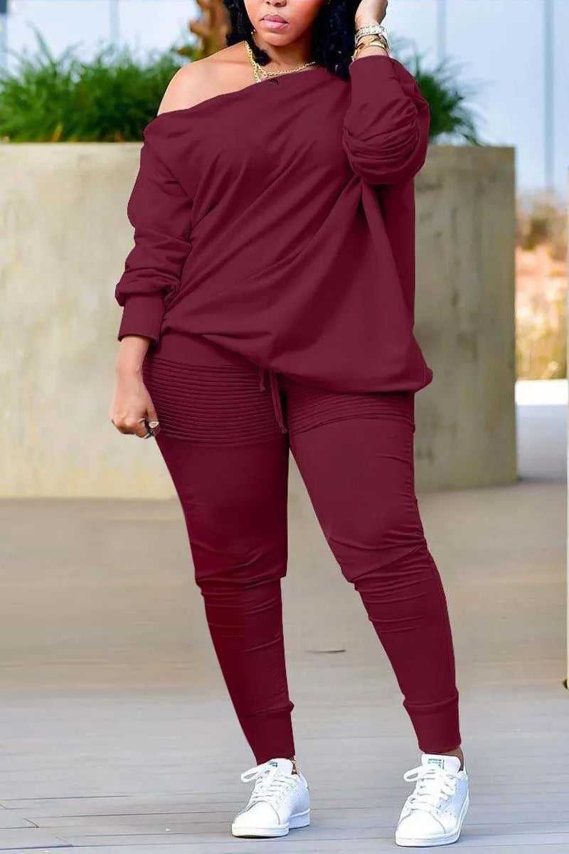Casual Burgundy Long Sleeves Oblique Collar Two Pieces Set
