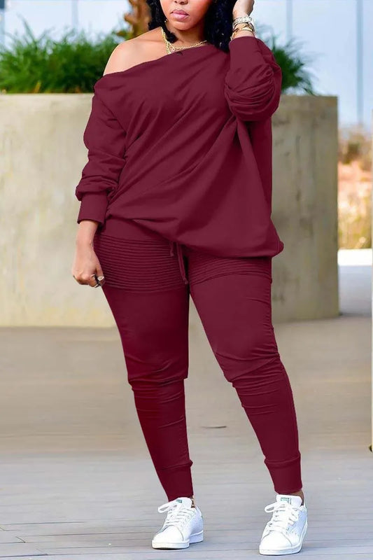 Casual Burgundy Long Sleeves Oblique Collar Two Pieces Set