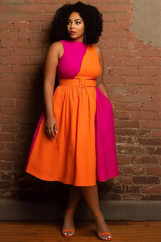 Business Casual Multicolor Colorblock Round Neck Pocket Wrap Midi Dresses