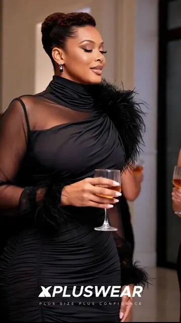 Cocktail Party Elegant Black Stand-Up Collar Long Sleeve Feather Contrast Mini Dresses [Pre-Order]