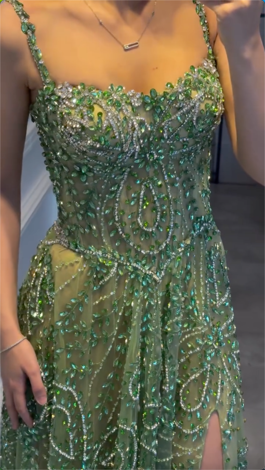 Multi-Color Floral Crystal Beaded Spaghetti Strap High Split Tulle Maxi Evening Dress, Formal Prom Pageant Gown