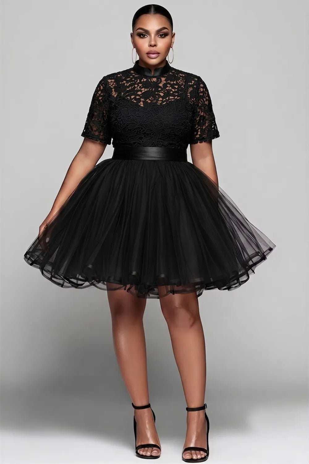 Party Tulle Black Mandarin Collar Short Sleeve See Through Contrast Lace Mini Dresses