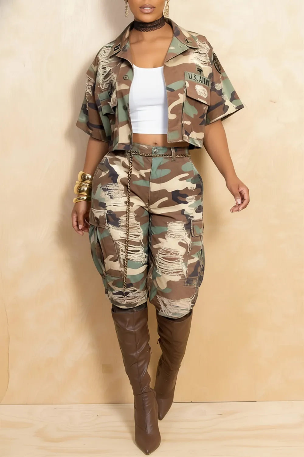 Plus Size Party Army Green Camo Shirt Collar Short Sleeve Pocket Distressed Two Piece Short Sets