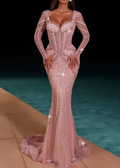 Blush Pink Embellished Long Sleeve Mermaid Maxi Dress