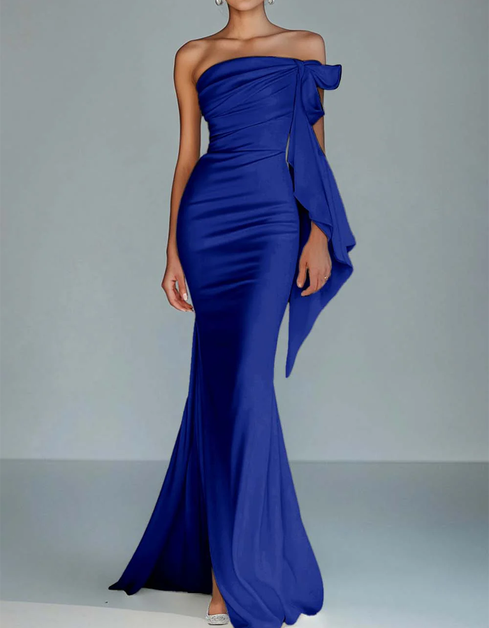 One-Shoulder Bow Satin Mermaid Maxi Dress