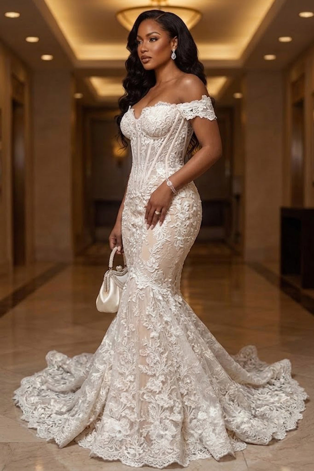 Off Shoulder Floral Lace Corset Mermaid Gowns Maxi Dresses-White [Pre Order]