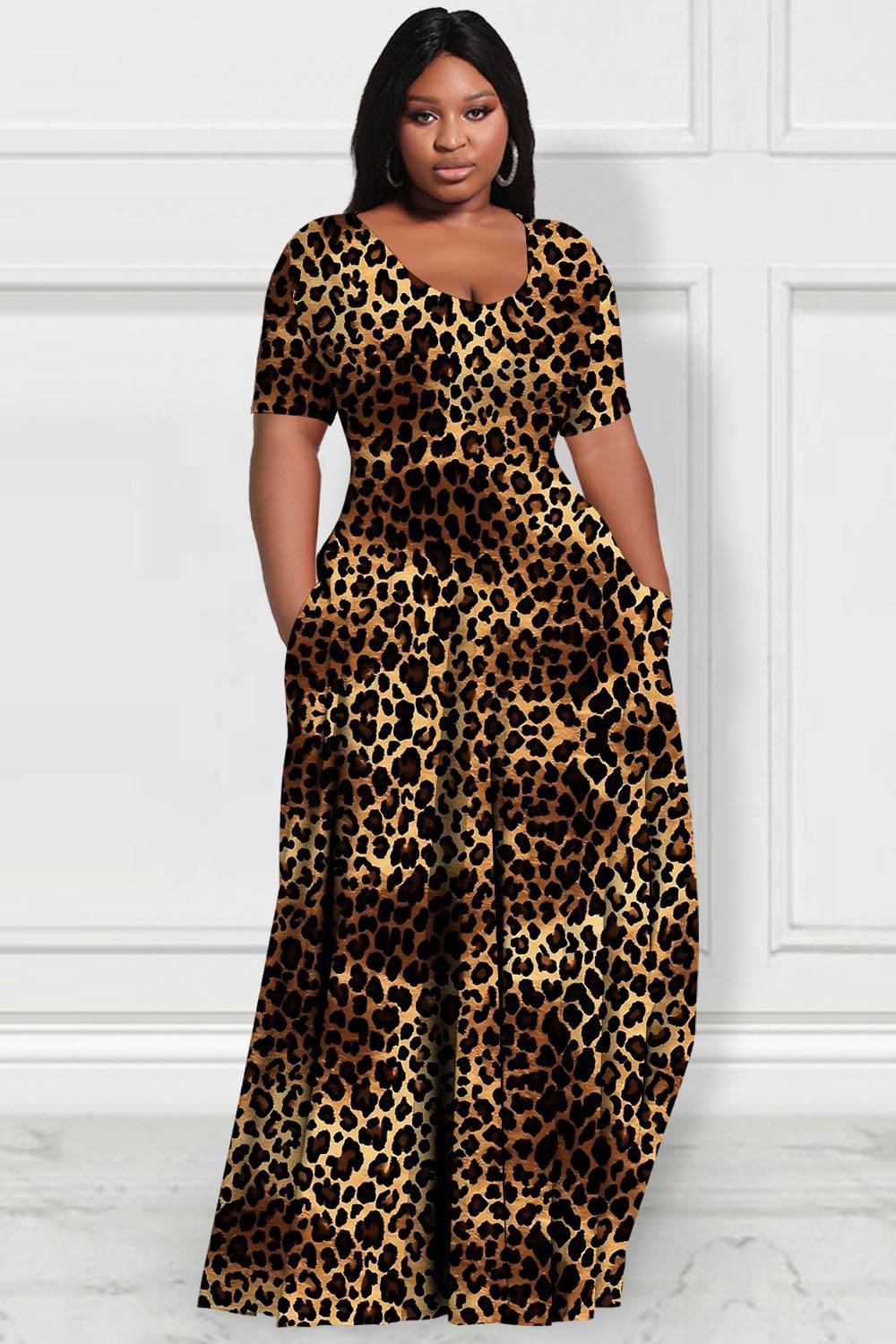 Daily Brown Leopard Round Neck Short Sleeve Pocket Casual Maxi Dresses