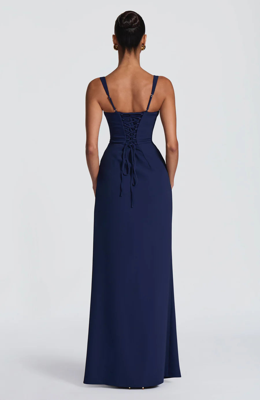 Navy Blue Satin Mermaid Evening Dress, Elegant Strapless Formal Gown with Cowl Neck & Lace Up Back