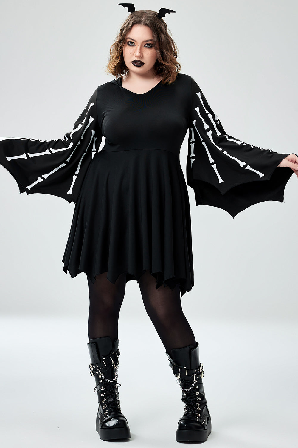 Halloween Costume Black Bat Skeletons Knitted Mini Dress(Ships 24h)