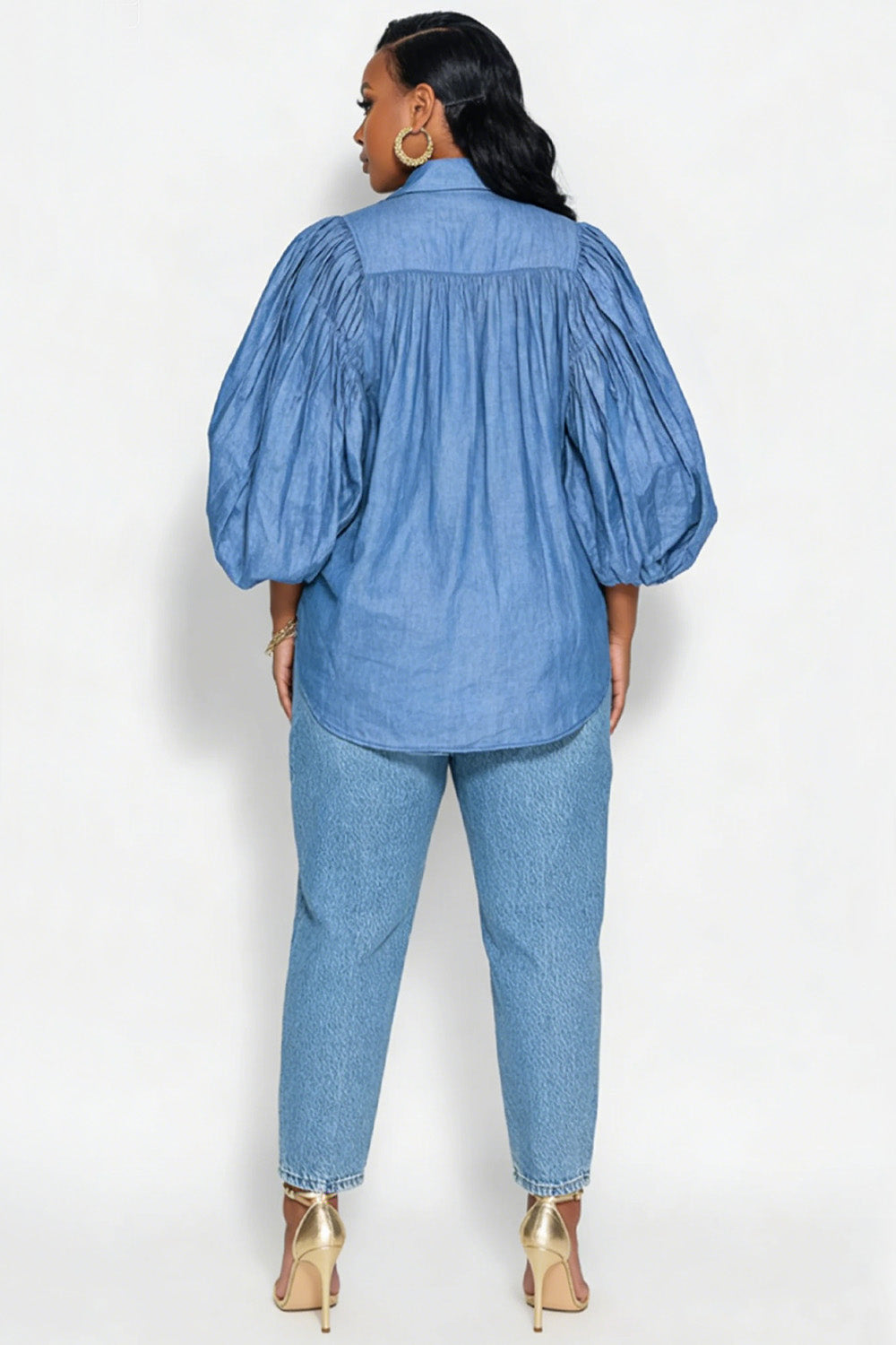 Xpluswear Design Plus Size Business Casual Blue Shirt Collar Lantern Sleeve Half Sleeve Pleated Tencel Denim Blouses