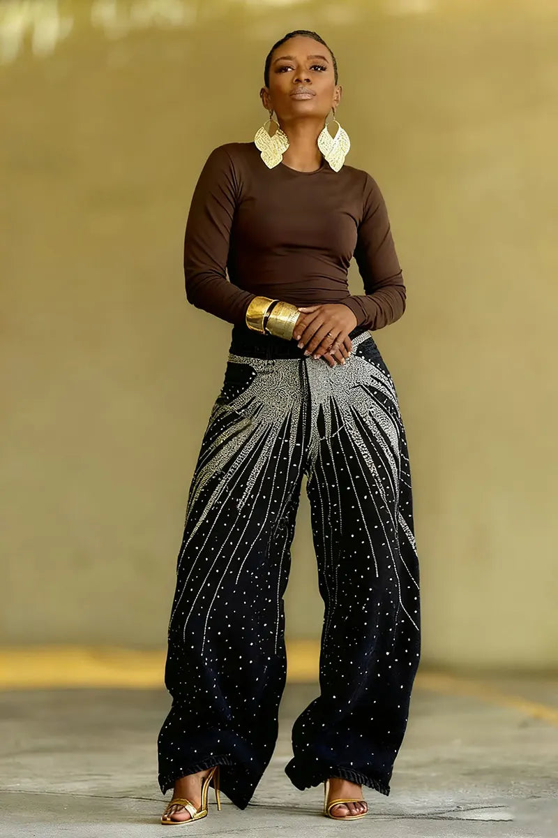 Distressed Crystal Embroidered Denim Jeans For Trendy Women