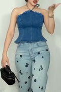 Women's Casual Halter Denim Vest or Shiny Jeans