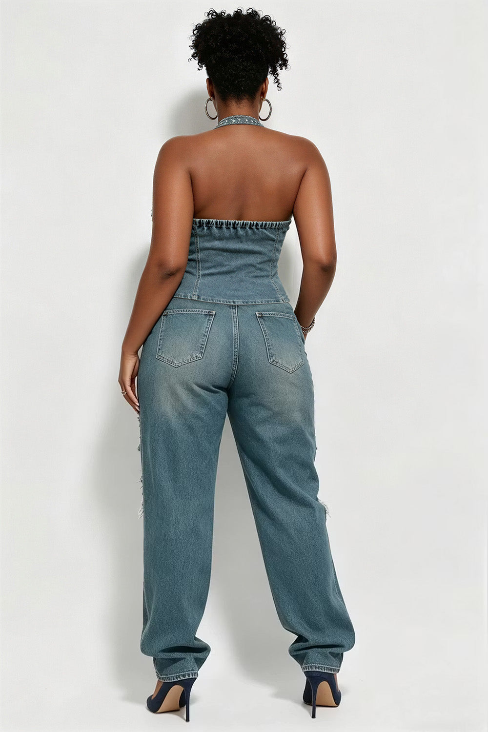 Xpluswear Design Plus Size Party Casual Light Blue V Neck Drilling Zipper Denim Tank Tops