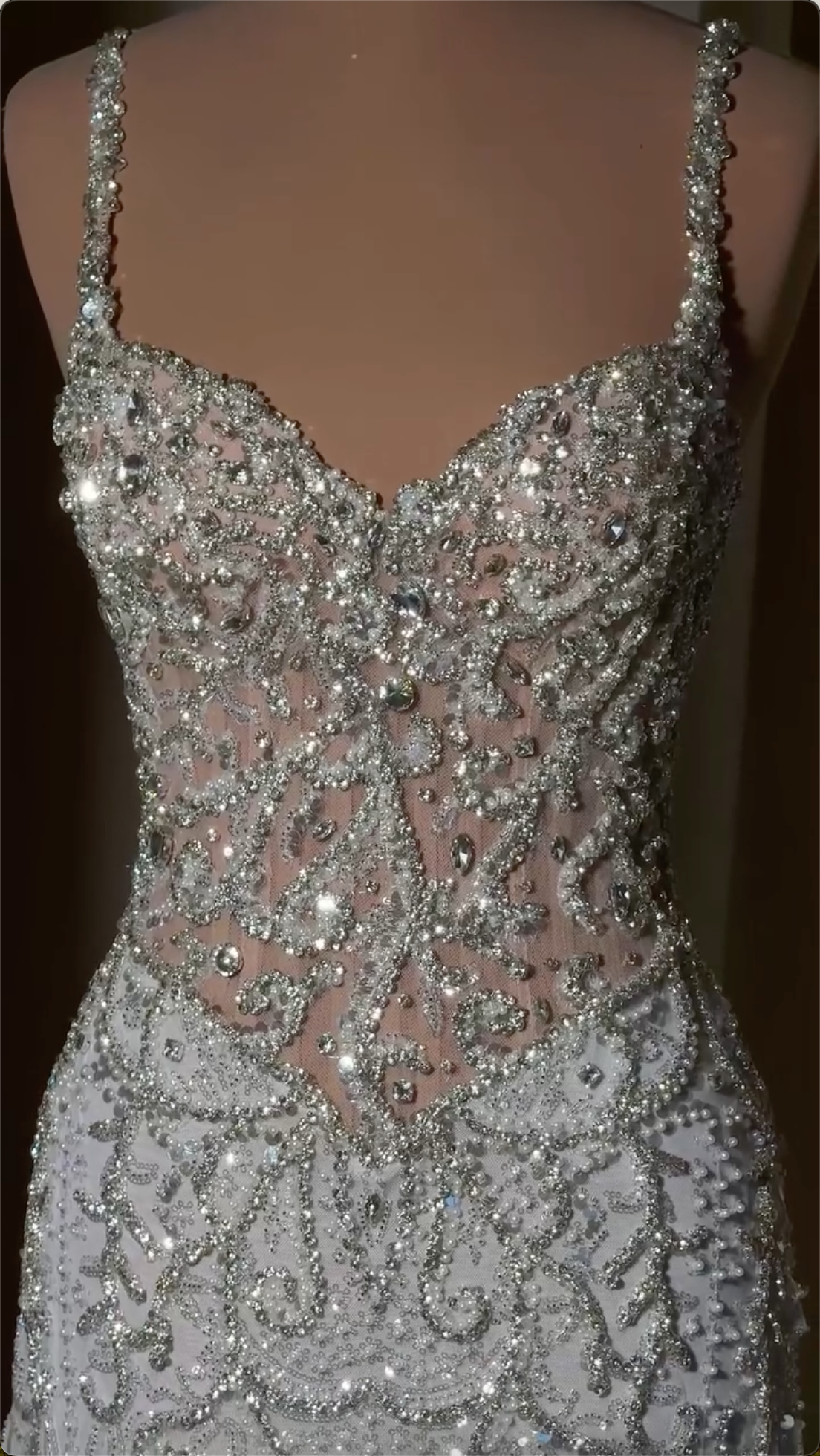 White Crystal Beaded Spaghetti Strap Mermaid Maxi Evening Dress, Sweetheart Neck Formal Prom Gown with High Slit