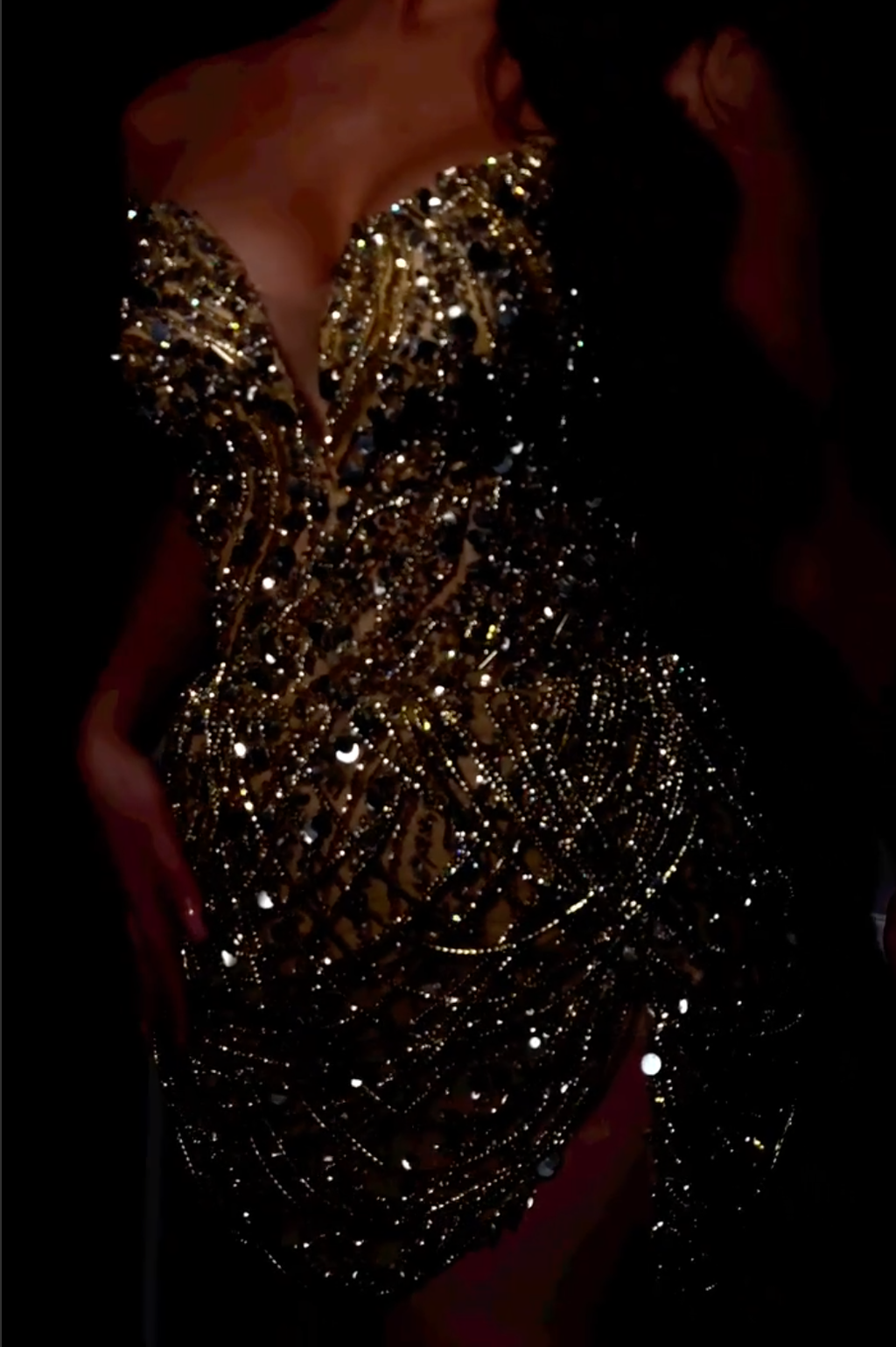 Gold Beaded Strapless Mini Dress with High Slit & Crystal Embellishments