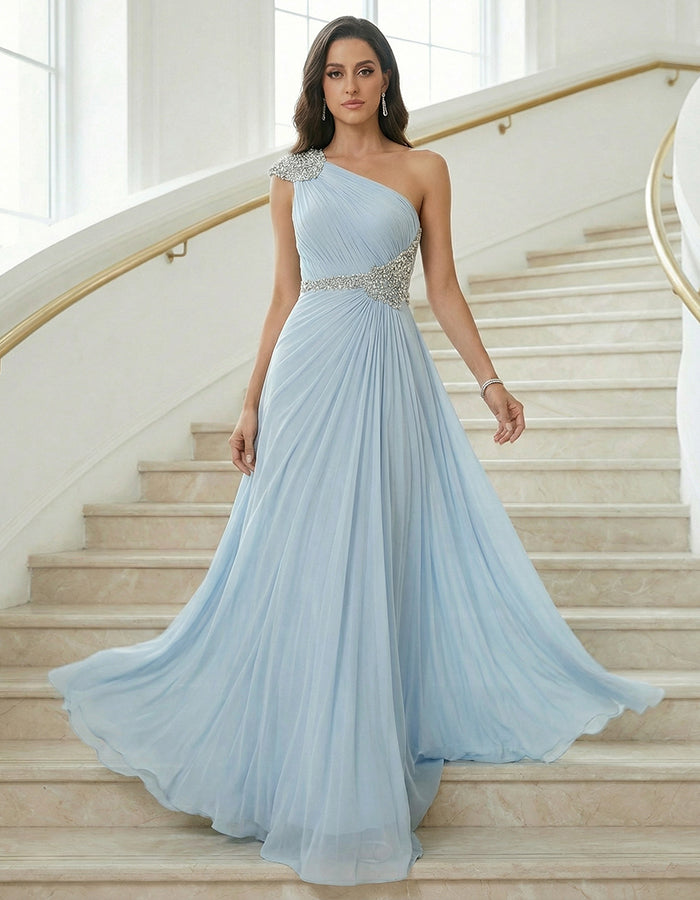 Light Blue Chiffon One Shoulder Sequins Maxi Dress