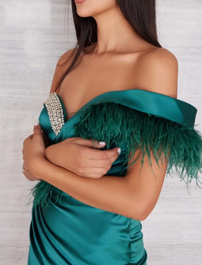 Emerald Green Satin Off-the-Shoulder Mini Dress with Feather Trim