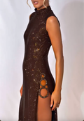 Chocolate Brown Sequin Maxi Dress with Crystal Ring Cutout High Slit