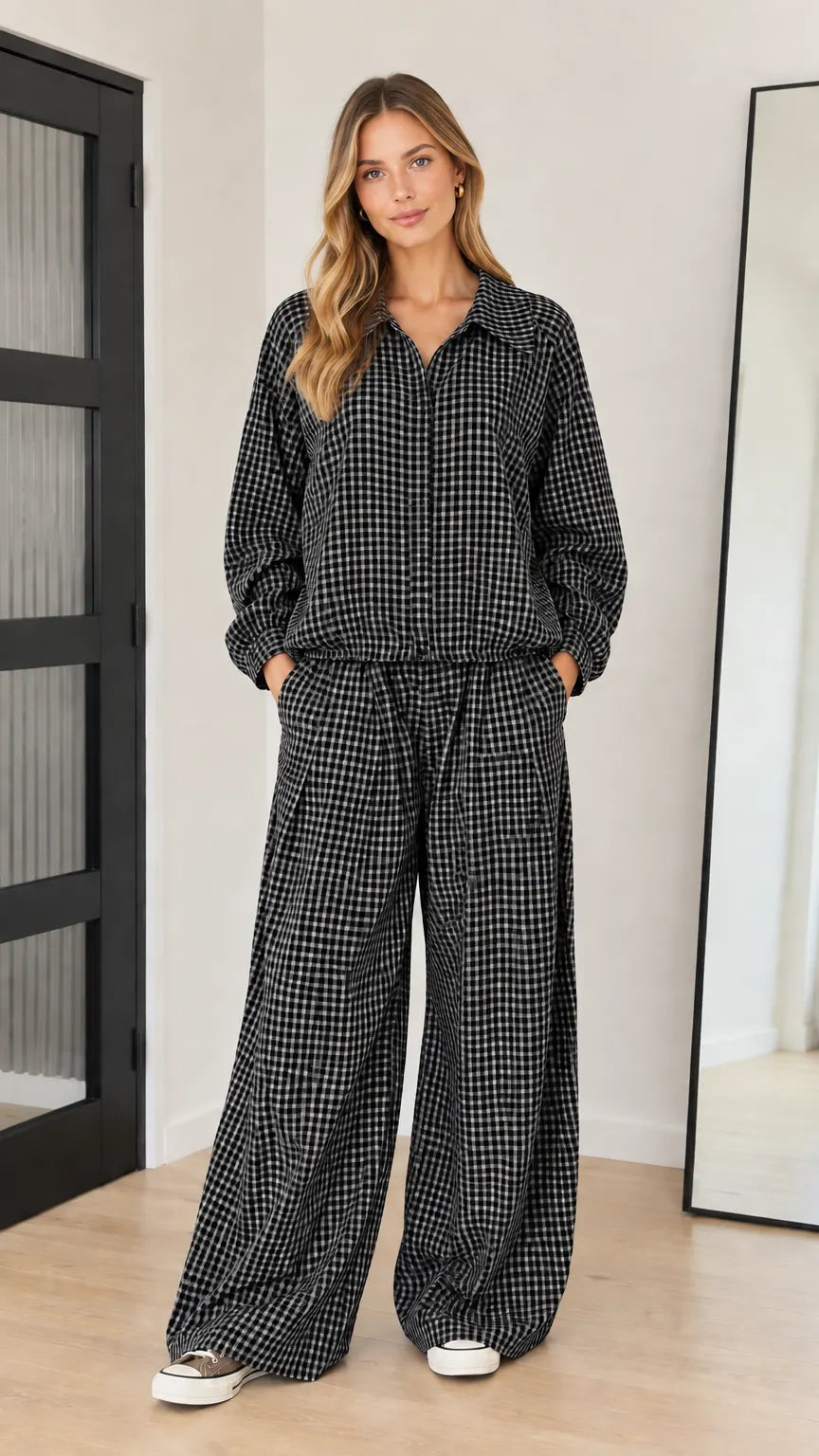 Women's Gingham Collared Long Sleeve Top and Wide-Leg Pants Two-Piece Set