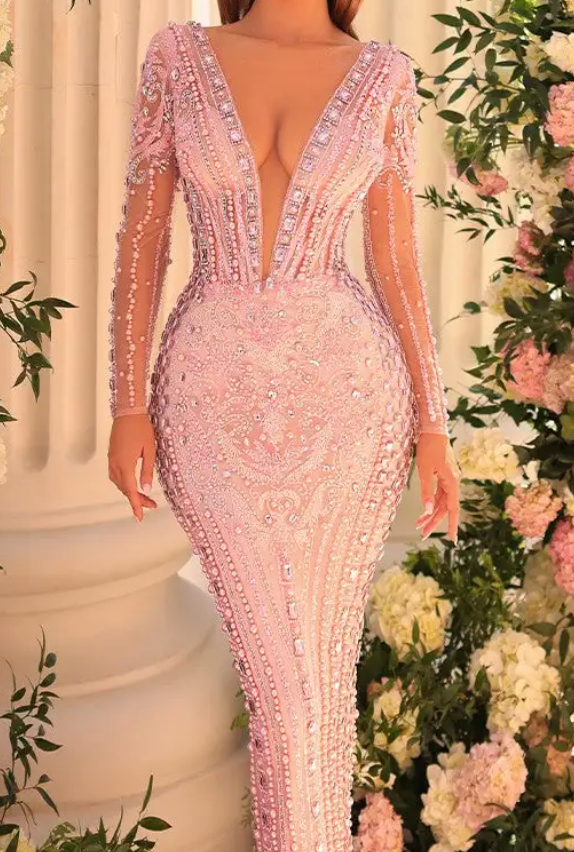 Pink Long Sleeve Crystal Embellished Maxi Dress