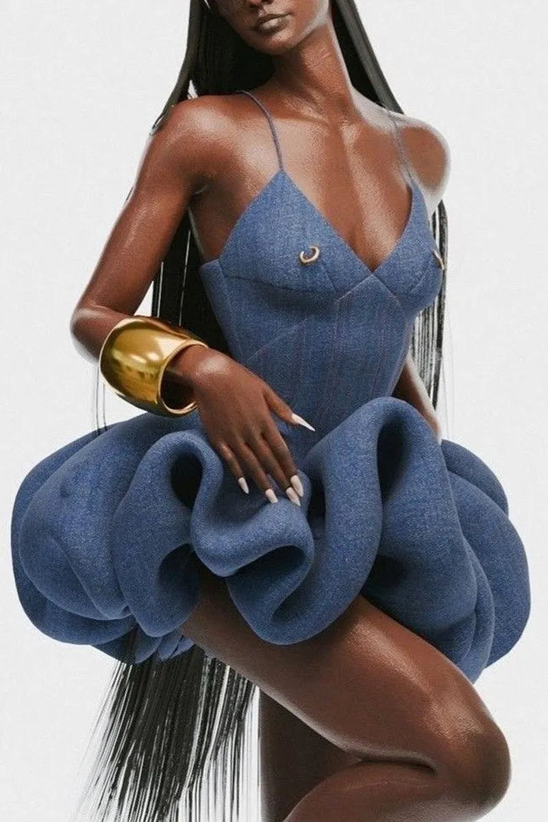 Women Spaghetti Strap V-Neck Gold Accent Sculptural 3D Ruffle Denim Bubble Mini Dress